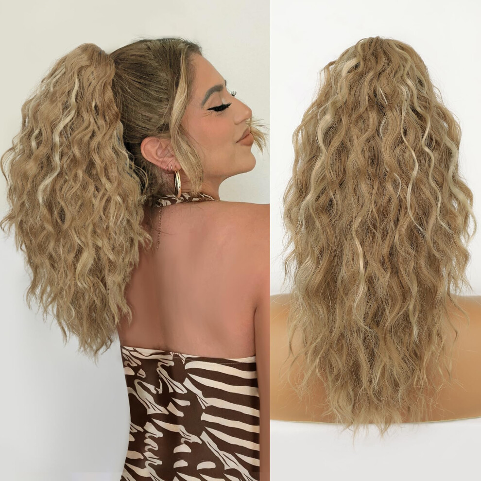 18 Inch Curly Ponytail Hair Extension with Claw Clip, Blonde Highlight, Soft Synthetic Hair