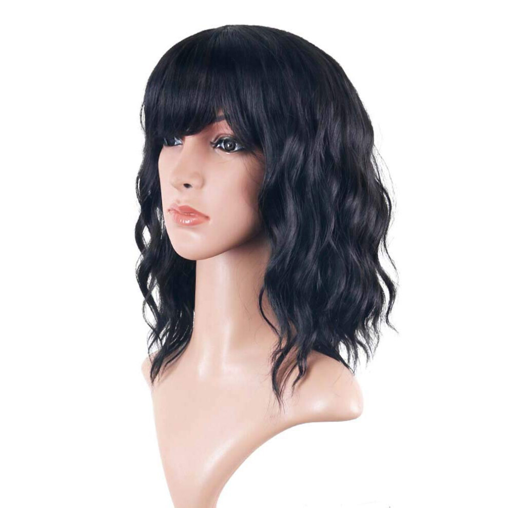 Unisex Black Short Wavy Bob Wig With Bangs, Natural Shoulder Length Synthetic Hair, Realistic Scalp Design