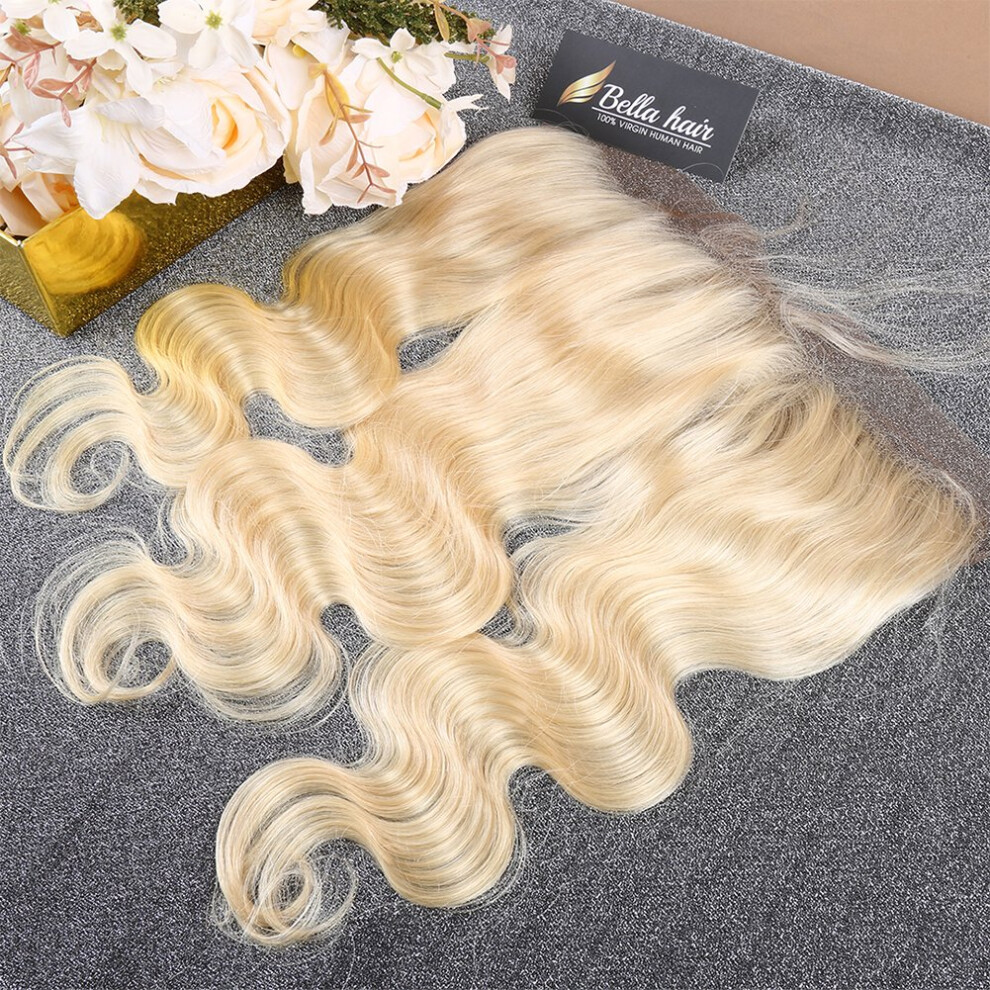 Unisex 613 Lace Frontal Body Wave 14 Inch Virgin Human Hair, Preplucked 13X4 With Bleached Knots, Blonde