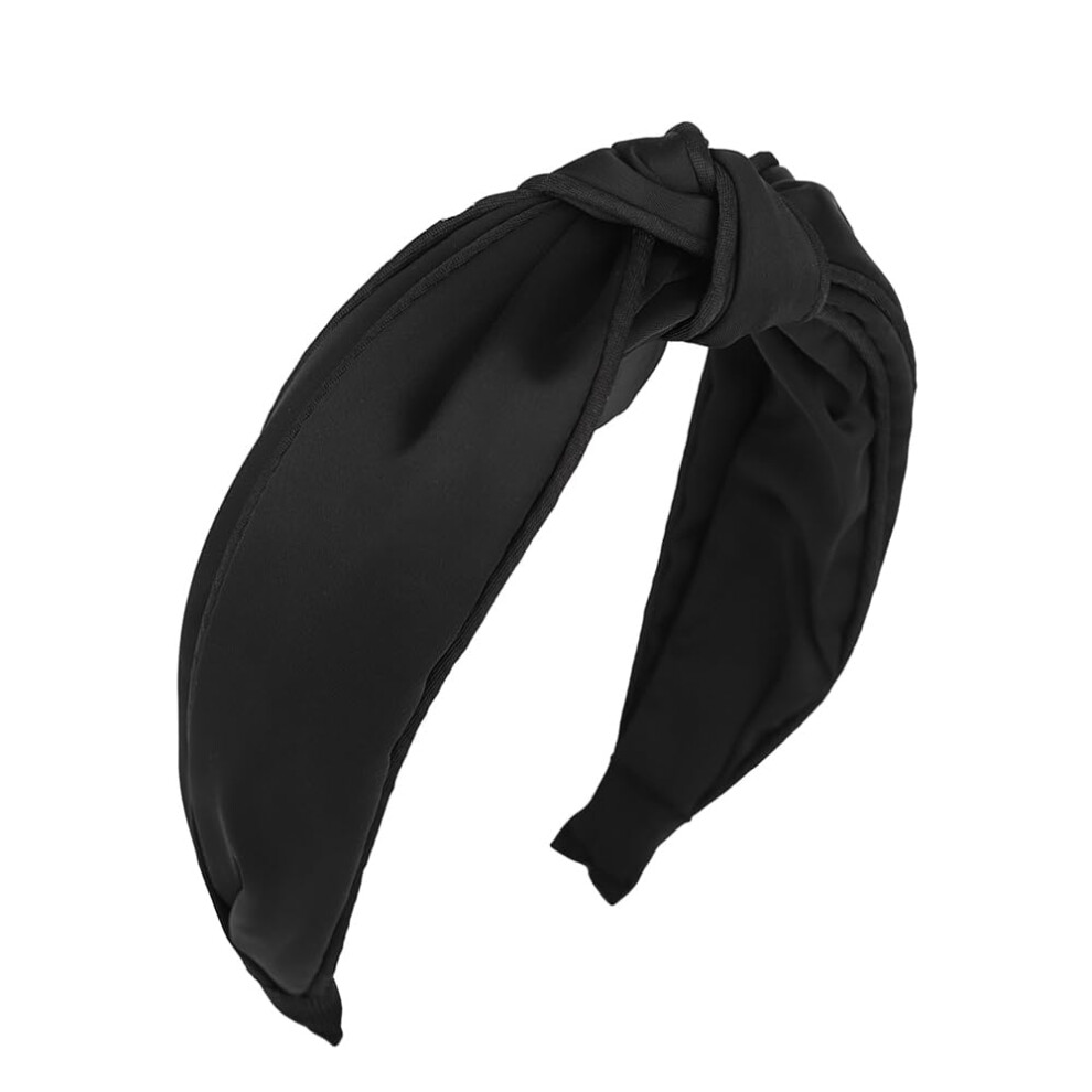 Unisex Black Satin Wide Knotted Headband For Women With Retro Bow, Nonslip Fabric Hair Accessories