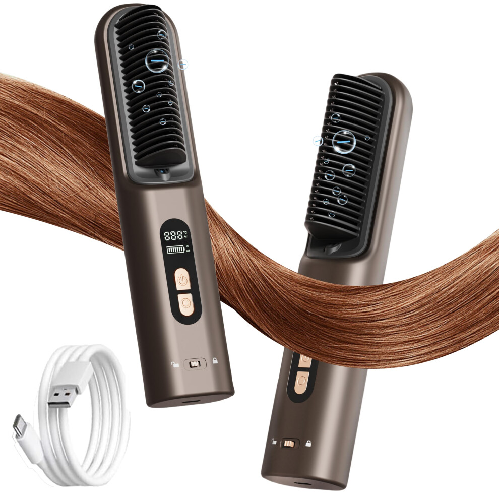 Cordless Hair Straightener Brush with 300M Negative Ions, Fast Heating 30s, TypeC Charging for Women