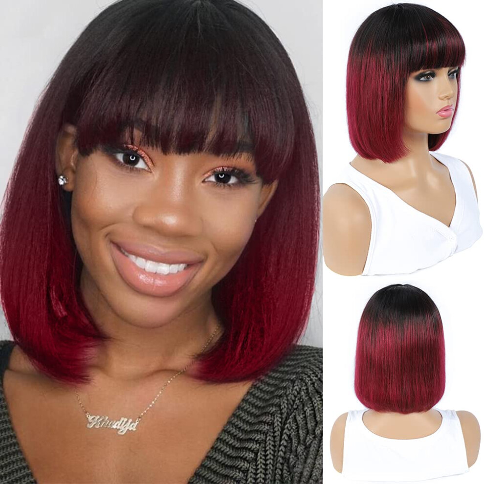Human Hair Bob Wig with Bangs 10 Inch Brazilian Straight 150% Density Glueless for Black Women