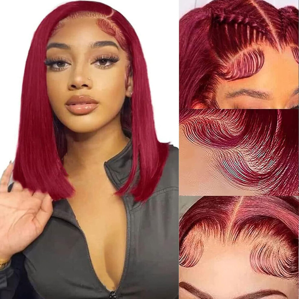 Unisex Red 16 Inch Burgundy Lace Front Bob Wig Human Hair 13X4 Frontal Pre Plucked 99J Wine For Women