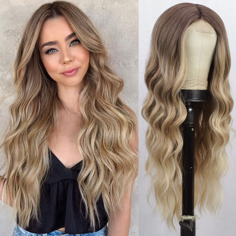 Unisex Dark Long Ombre Blonde Wavy Wig For Women With Roots, Heat Resistant Synthetic Hair