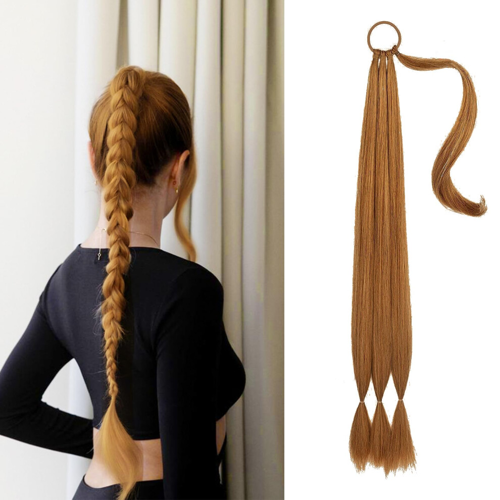 34 Inch Light Brown Braided Ponytail Hair Extension, Soft Synthetic Wrap Around Hairpiece with Natural Matte Finish