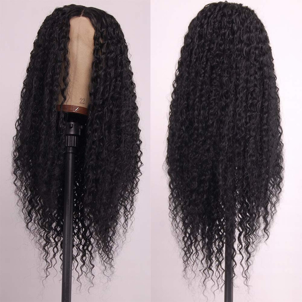 Unisex Black 24 Inch Deep Wave Lace Front Wig For Women, Glueless Synthetic, Natural Hairline Hd Lace