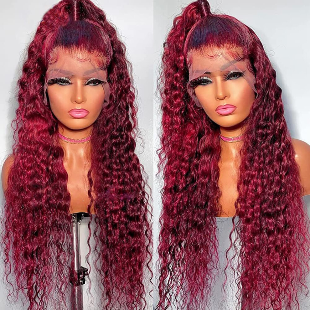Unisex Red 32 Inch Burgundy Lace Front Wig 99J Deep Wave Human Hair Pre Plucked 13X4 Natural Hairline 150% Density