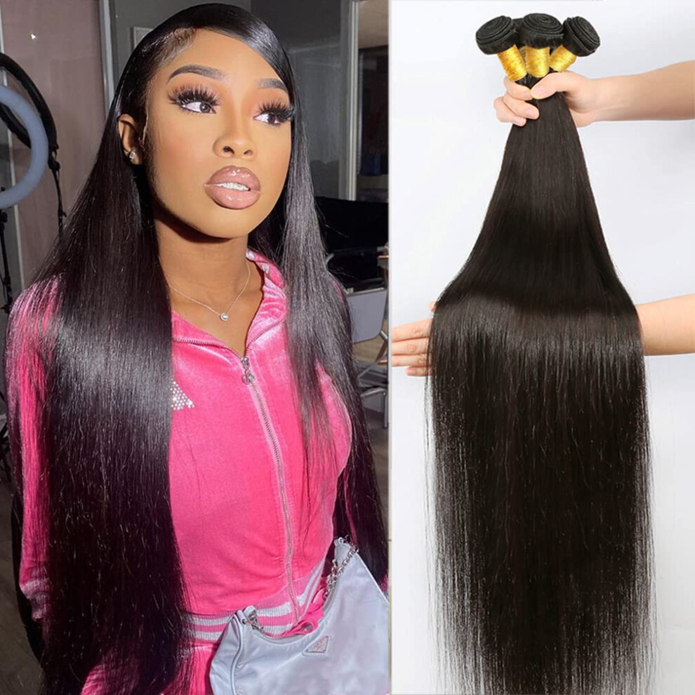 Unisex Brazilian Straight Human Hair Bundles 4Pcs Virgin Remy Extensions 1420In Double Weft Dye Friendly