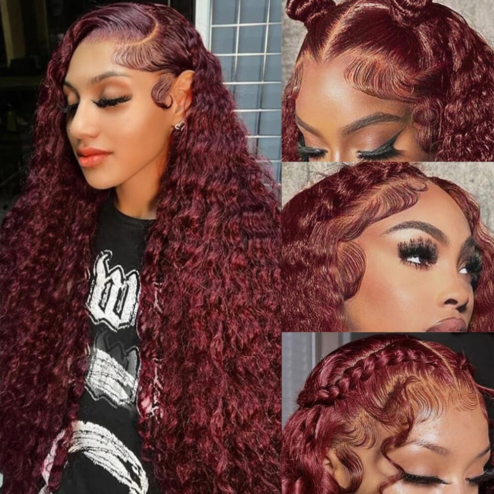 Unisex Brown 32 Inch Reddish Deep Wave Human Hair Lace Front Wig 13X6 Hd Pre Plucked 180 Density