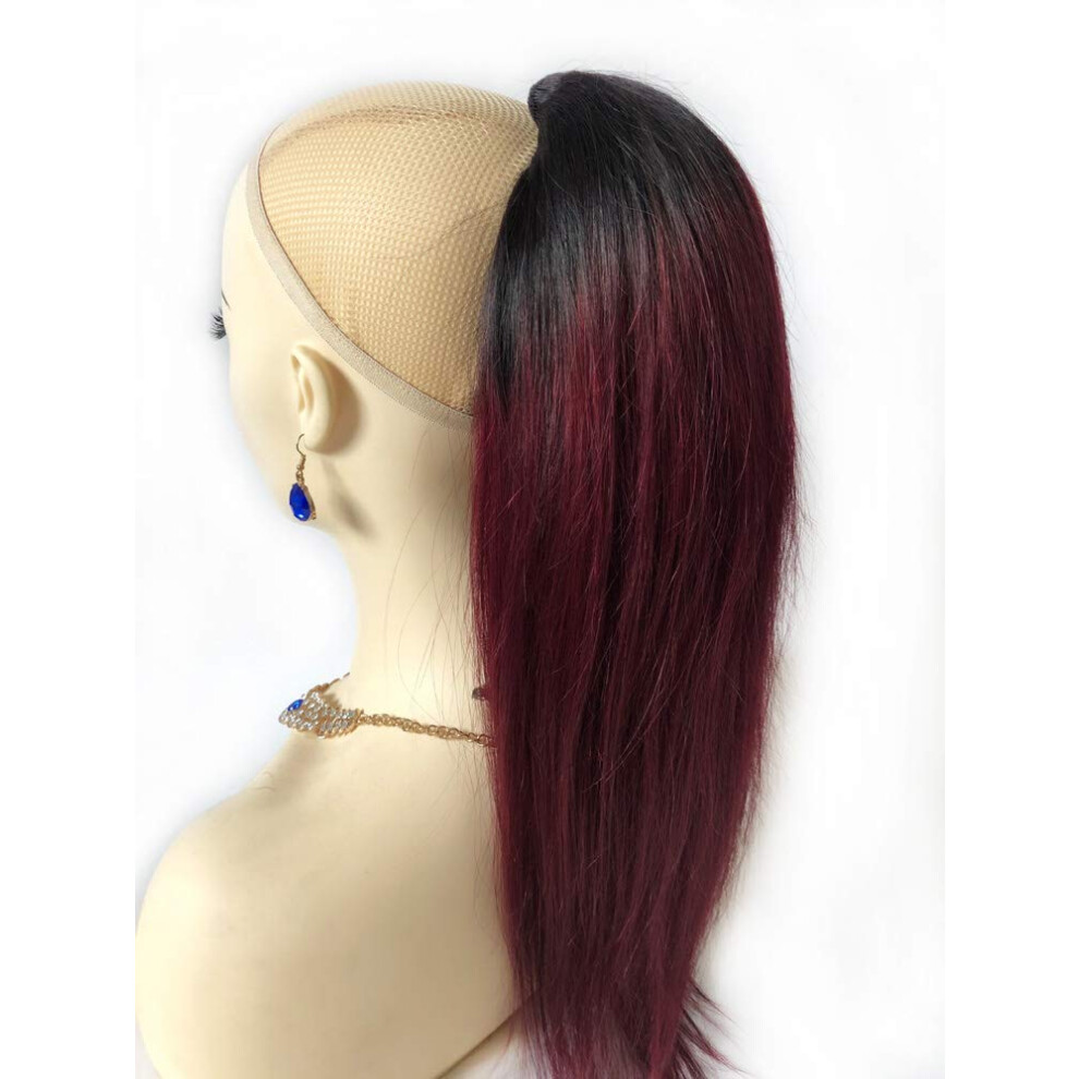 22 Inch Straight Brazilian Remy Human Hair Ponytail Extension 1B/99J Burgundy Ombre Drawstring