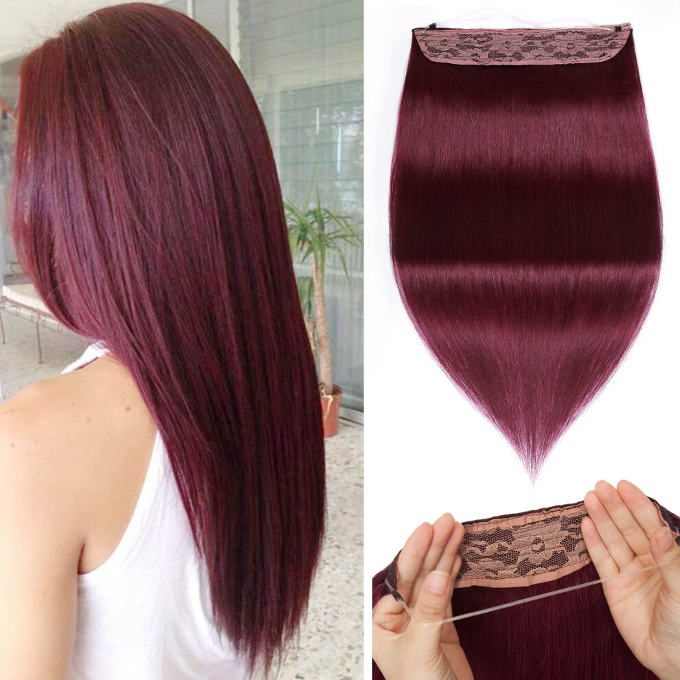 Unisex Red Burgundy Human Hair Wire Extensions 18 Inch Halo Style With Invisible Wire Fit And Instant Volume Boost