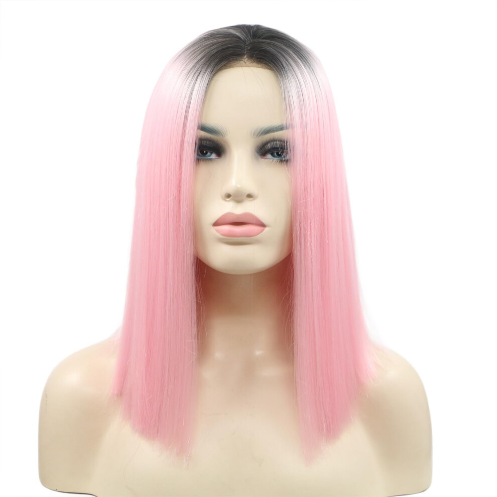 Unisex Pink Lace Front Short Bob Wig Â Synthetic Ombre Straight Cosplay Hair For Women 12 Inch