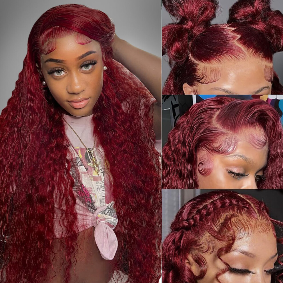 Unisex Red 13X6 Hd Lace Frontal Burgundy Wig 99J Deep Wave Human Hair Pre Plucked 180 Density Glueless (40 Inch)