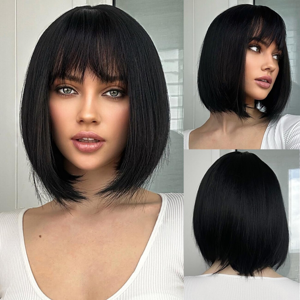 Unisex Black Bob Wig With Bangs 8 Inch Glueless Short Straight Wig For Women 180% Density Natural Hairline