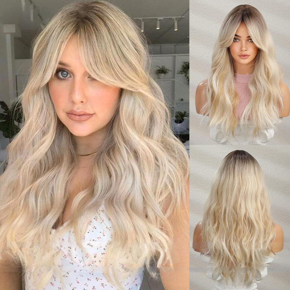 Unisex Black 26 Inch Long Wavy Ombre Blonde Human Hair Wig With Roots, Heat Resistant, Glueless Fit