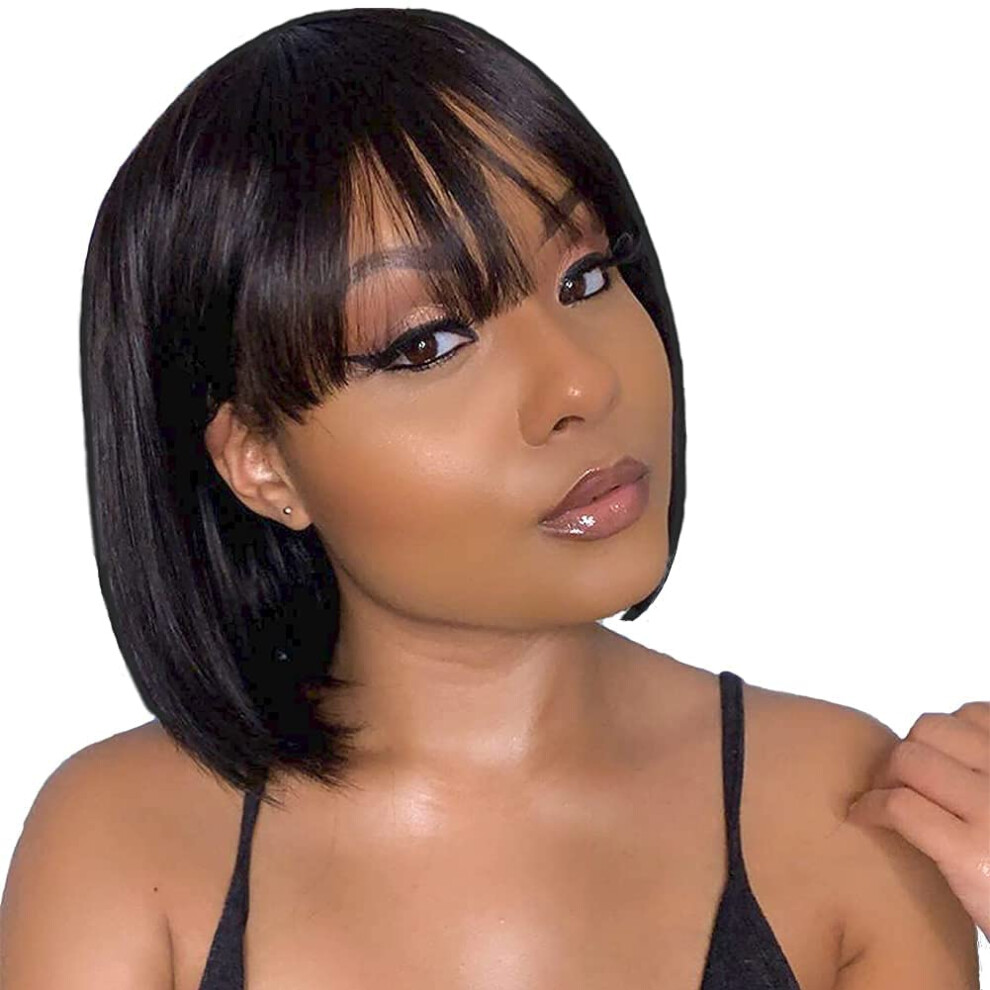 Unisex Black 10 Inch Brazilian Human Hair Bob Wig With Bangs For Women, Glueless 150% Density