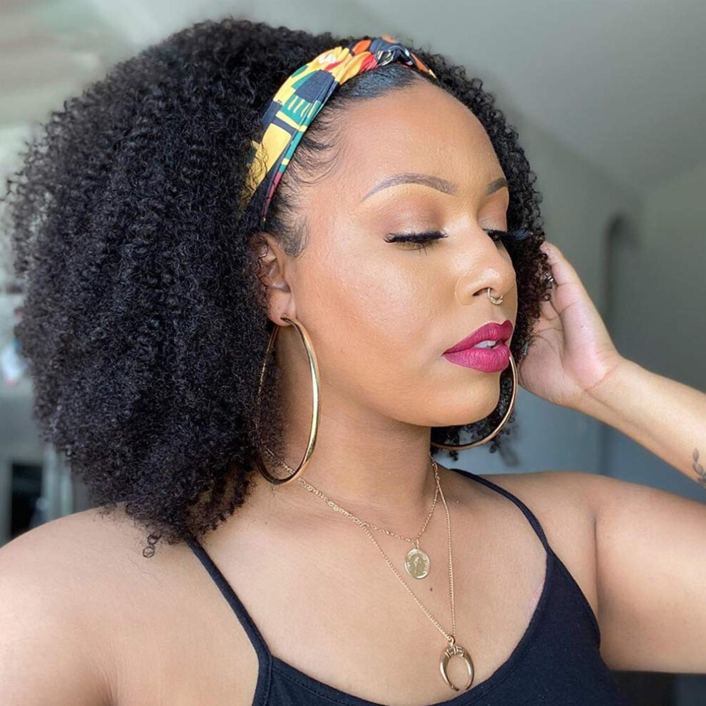 Afro Kinky Curly Headband Wig 20 Inch Brazilian Human Hair for Black Women Small Cap Natural Black 150% Density Glue