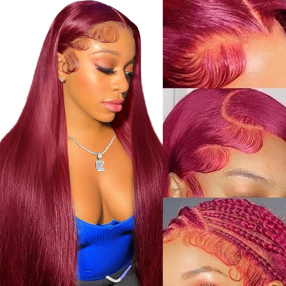 Unisex Red 99J Burgundy 13X4 Hd Lace Front Human Hair Wig Pre Plucked Glueless Straight 180% Density For Women