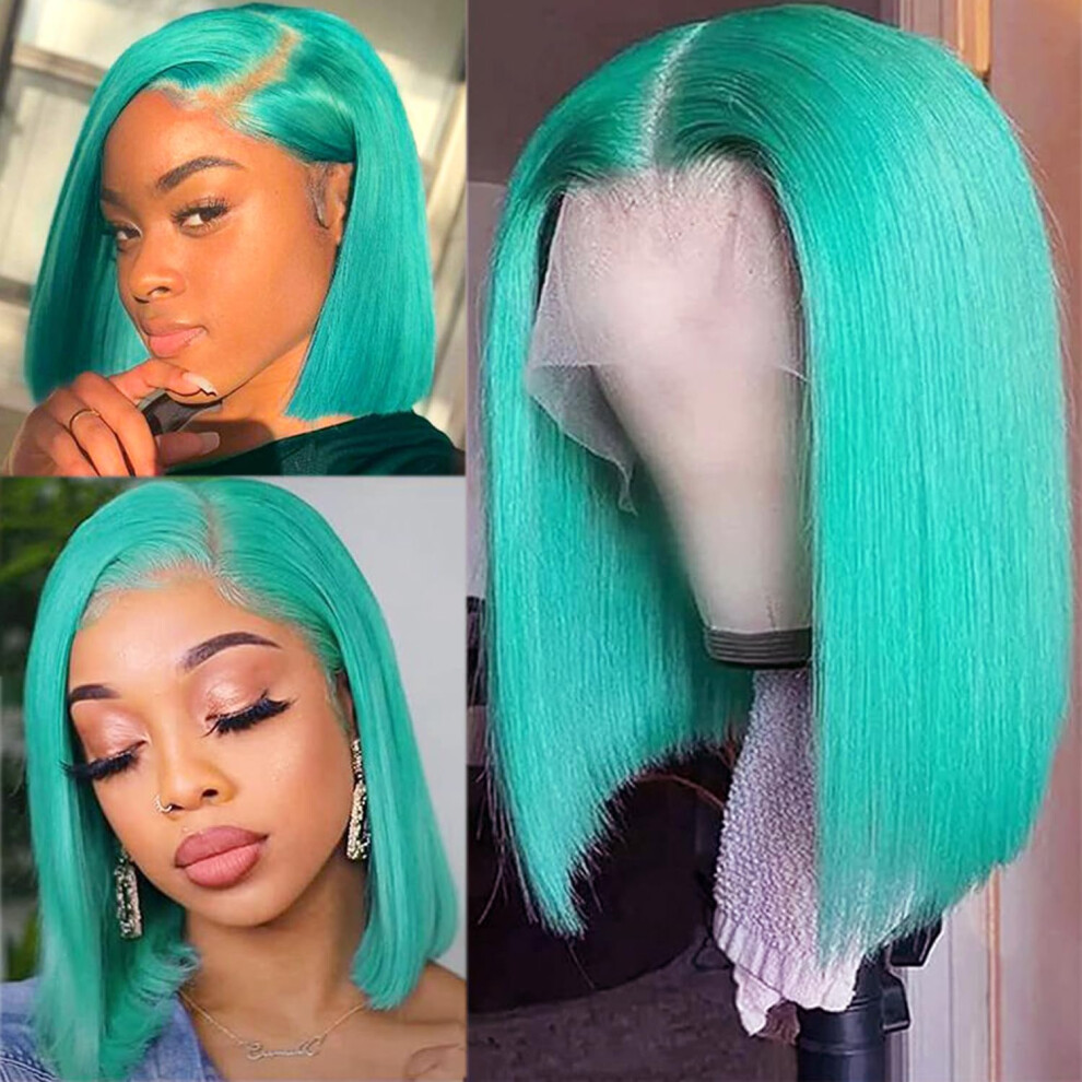 Unisex Blue Lake Human Hair Lace Front Bob Wig 8 Inch Pre Plucked Hd 13X4 Frontal Glueless Density