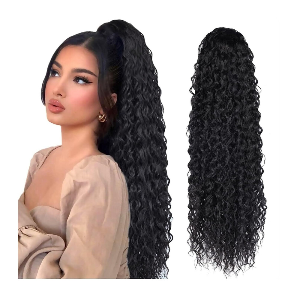 Curly Ponytail Hairpiece 24 Inch Deep Wave Black Synthetic Extension with Comfortable Elastic Attach