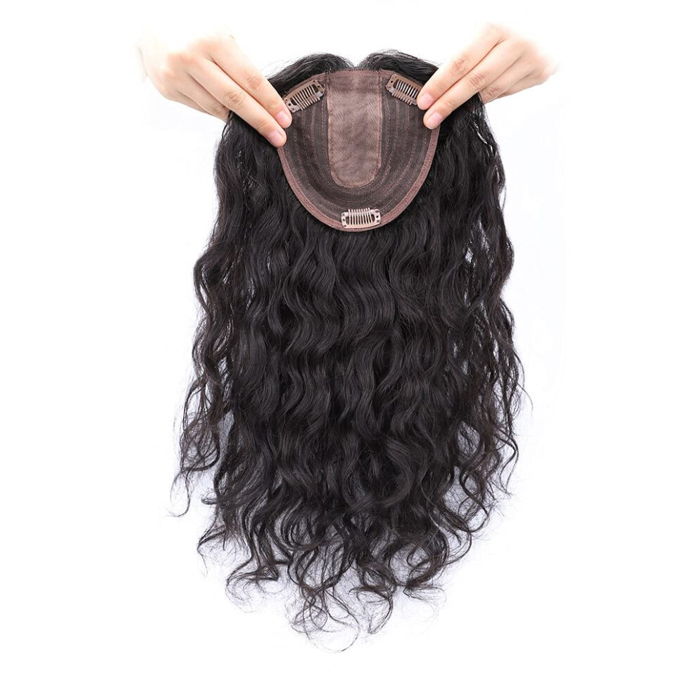 Unisex White,Black Curly Human Hair Topper 13X14cm Natural Black Clip In Hairpiece For Instant White Hair Coverage