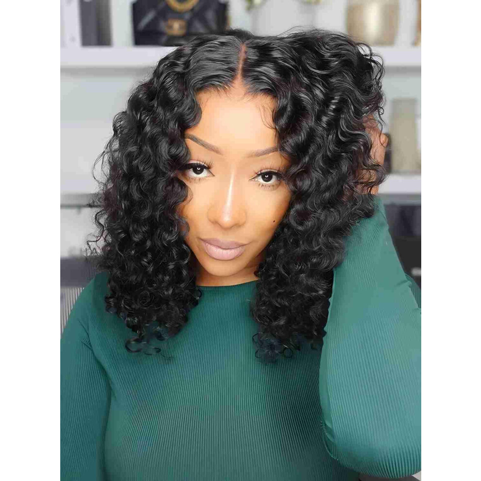 Unisex 16 Inch Deep Wave Glueless Lace Front Wig Human Hair Bob 9X6 Hd Lace Pre Plucked 180% Density