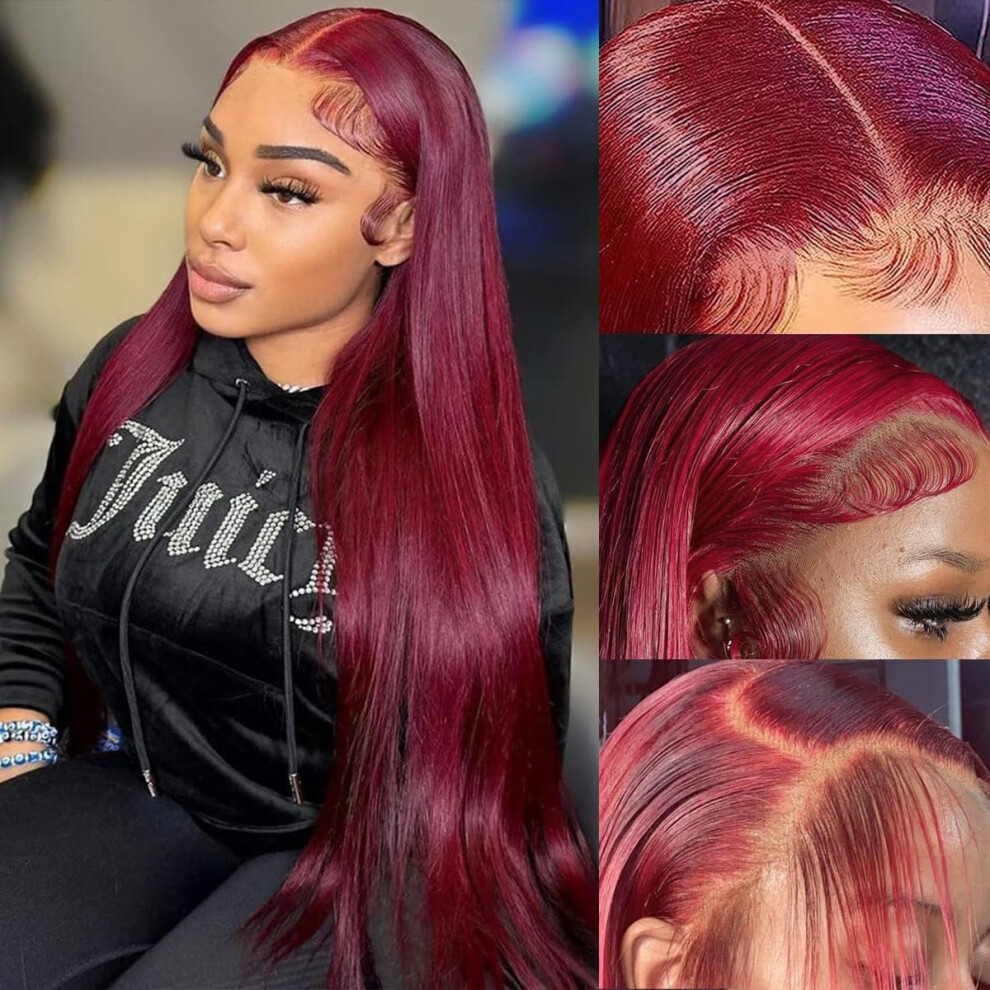 Unisex Red 32 Inch 200 Density Burgundy Human Hair Lace Front Wig 13X6 Hd Pre Plucked Glueless 99J Straight Style For Women