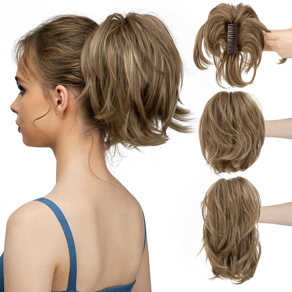 12 Inch Wavy Curly Ponytail Hair Extension with Secure Claw Clip, Ash Brown and Blonde