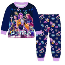 (160, blue) K-Pop Demon Hunters Kids' Long-Sleeve Pajama Set, Cute Cartoon Print Children's Loungewear for Sleep and Casual Wear