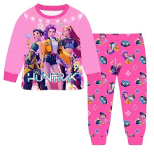 (160, pink) K-Pop Demon Hunters Kids' Long-Sleeve Pajama Set, Cute Cartoon Print Children's Loungewear for Sleep and Casual Wear