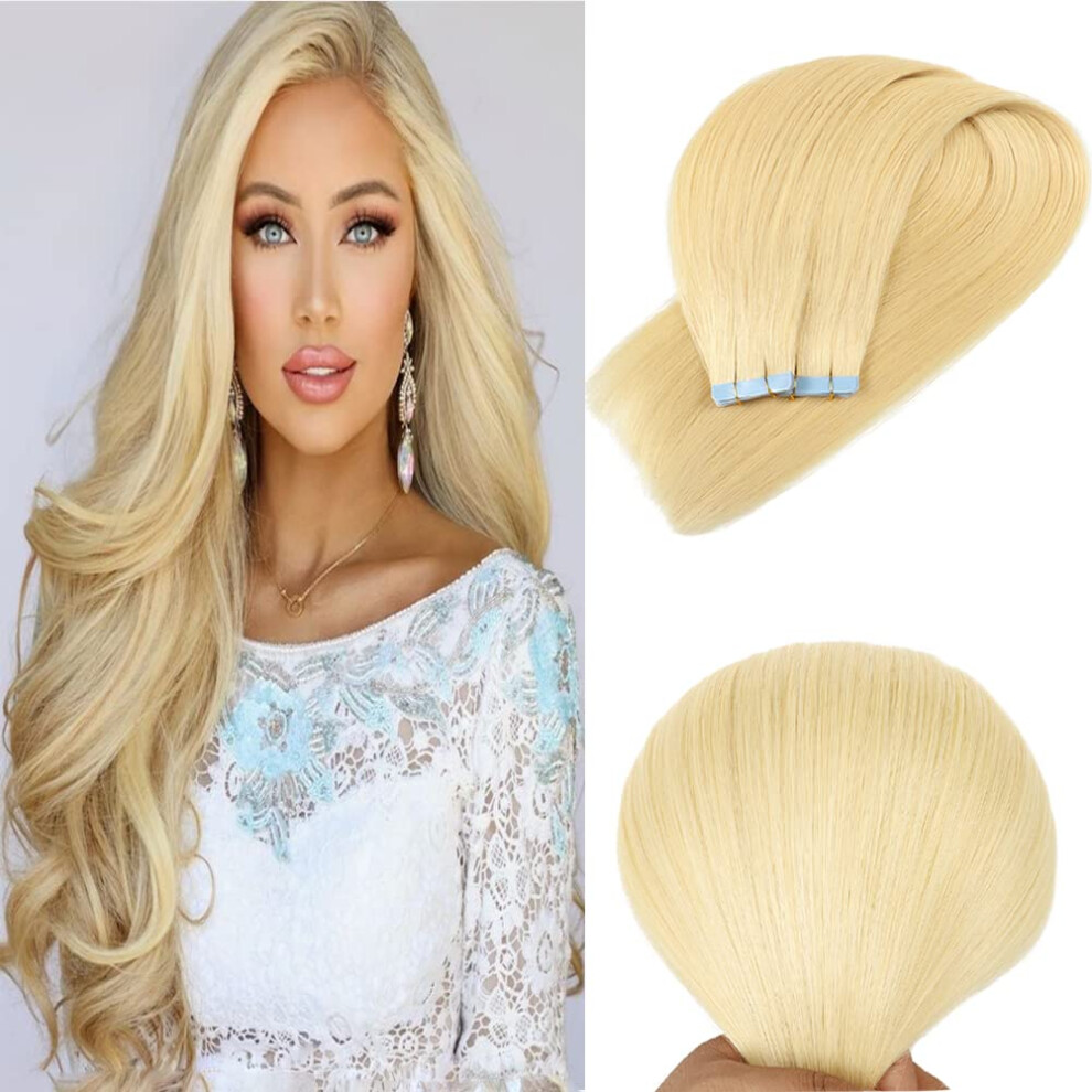 Unisex 20 Inch 613 Bleach Blonde Tape In Remy Human Hair Extensions For Women, Seamless Invisible, Tangleâ Styling
