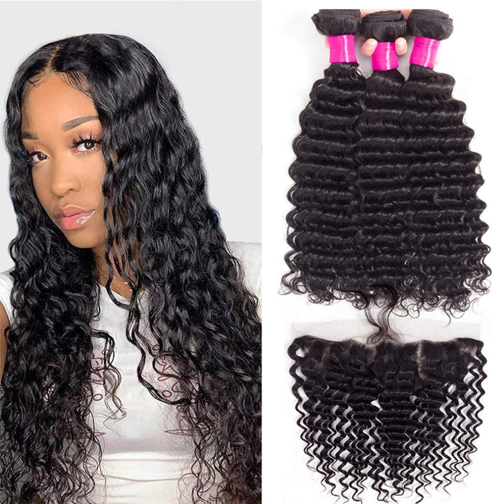 Unisex Virgin Brazilian Deep Wave Hair Bundles With 13X4 Lace Frontal Natural Hairline Full Volume Waves