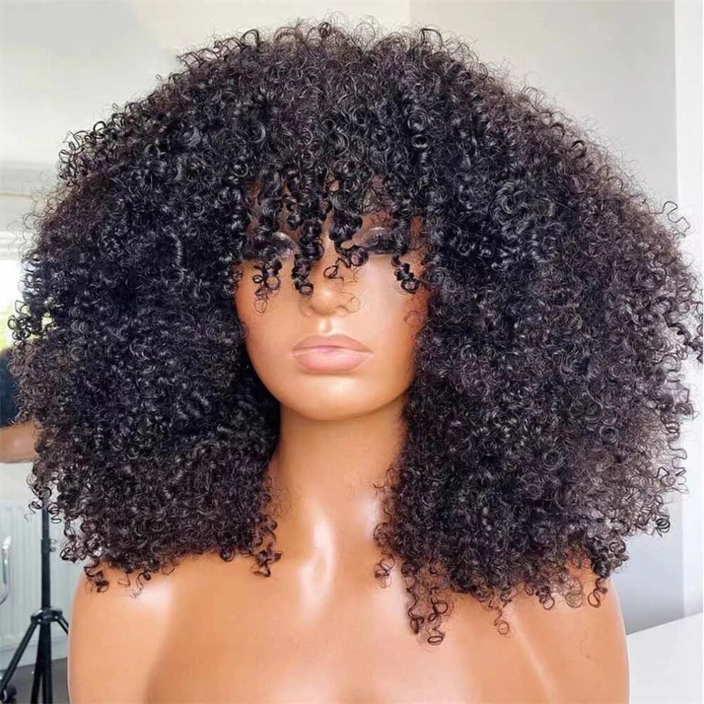 14 Inch Brazilian Kinky Curly Lace Front Human Hair Wig with Bangs 200% Density Pre Plucked
