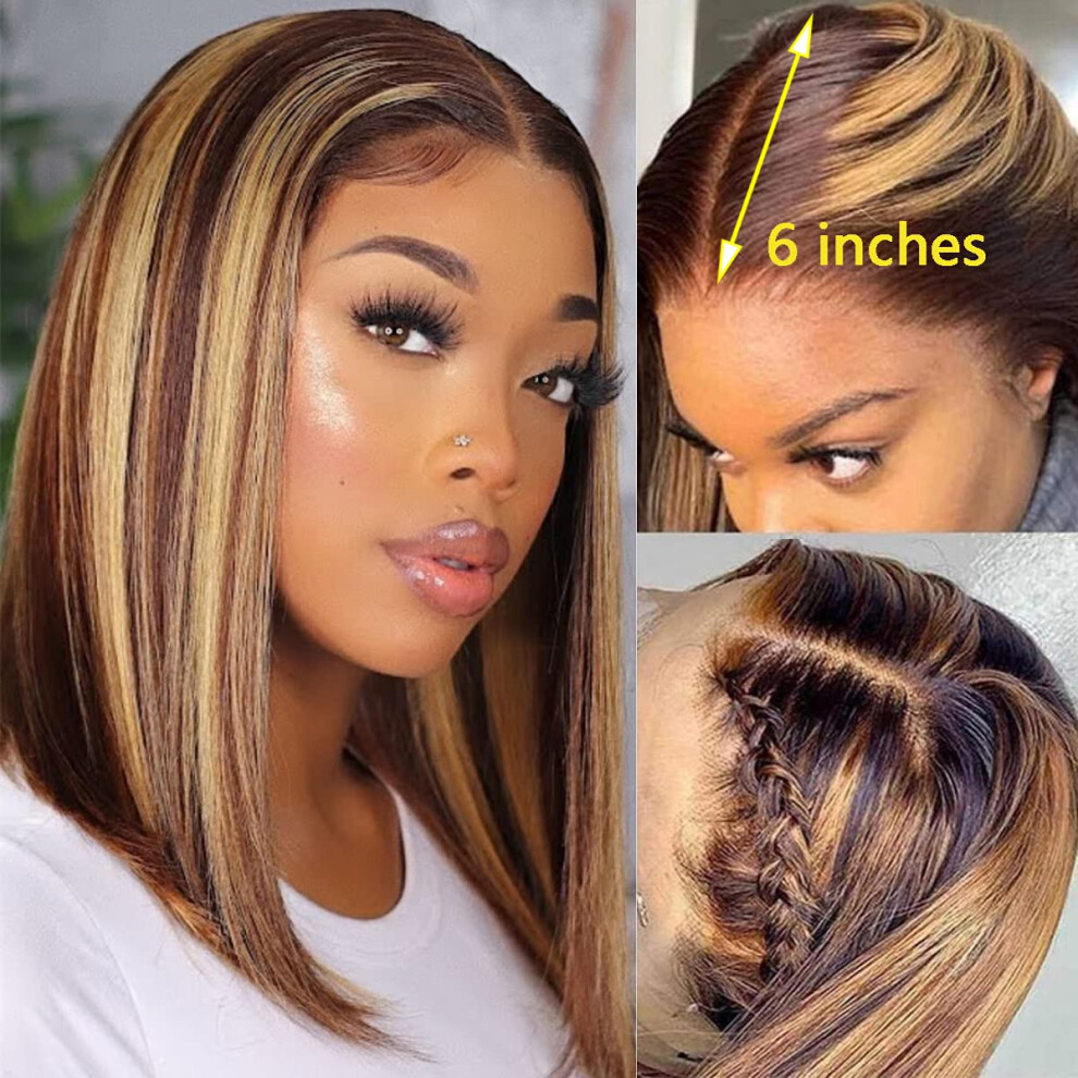 Unisex Human Hair Bob Wig 13X6x1 Lace Front Ombre Highlight Brazilian Straight 14In Natural Hairline