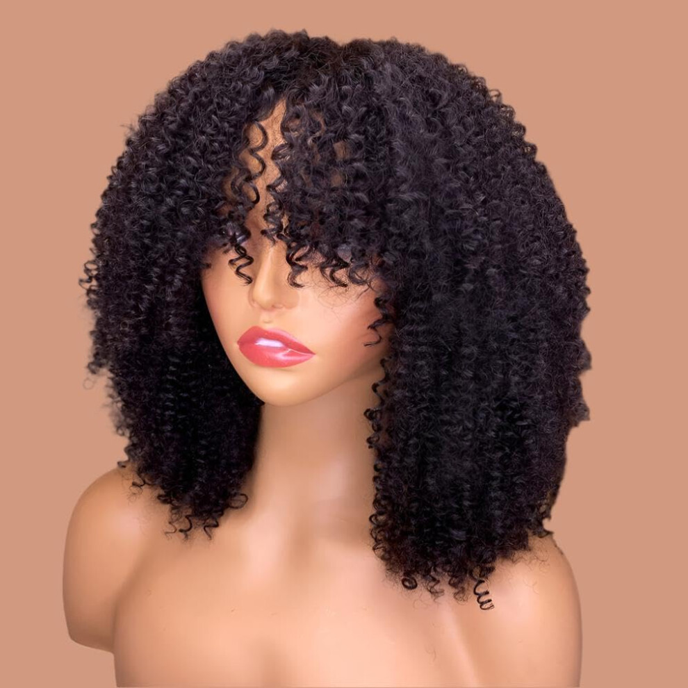 Kinky Curly Human Hair Wig with Bangs 14 Inch 180 Density Full Volume Natural Texture