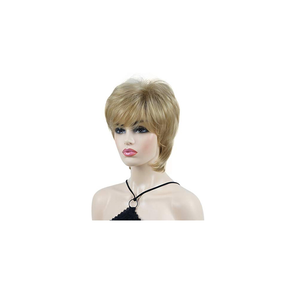 Short Straight Synthetic Wig with Bangs Shaggy Light Butterscotch Hair Natural Look for Women