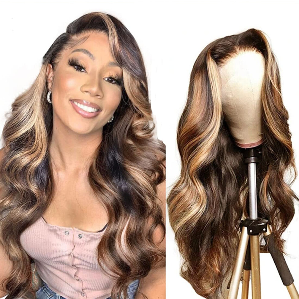 Unisex Brown Human Hair Wigs 4X4 Body Wave Ombre Lace Front Wig With Natural Hairline And Highlight Color 14 Inch