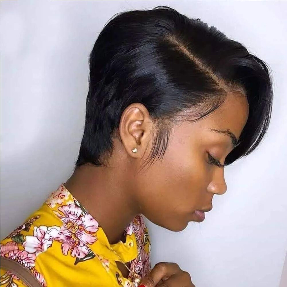 Unisex Pixie Cut Bob Lace Front Wig Brazilian Straight Remy Human Hair Pre Plucked Hairline 6 Inch