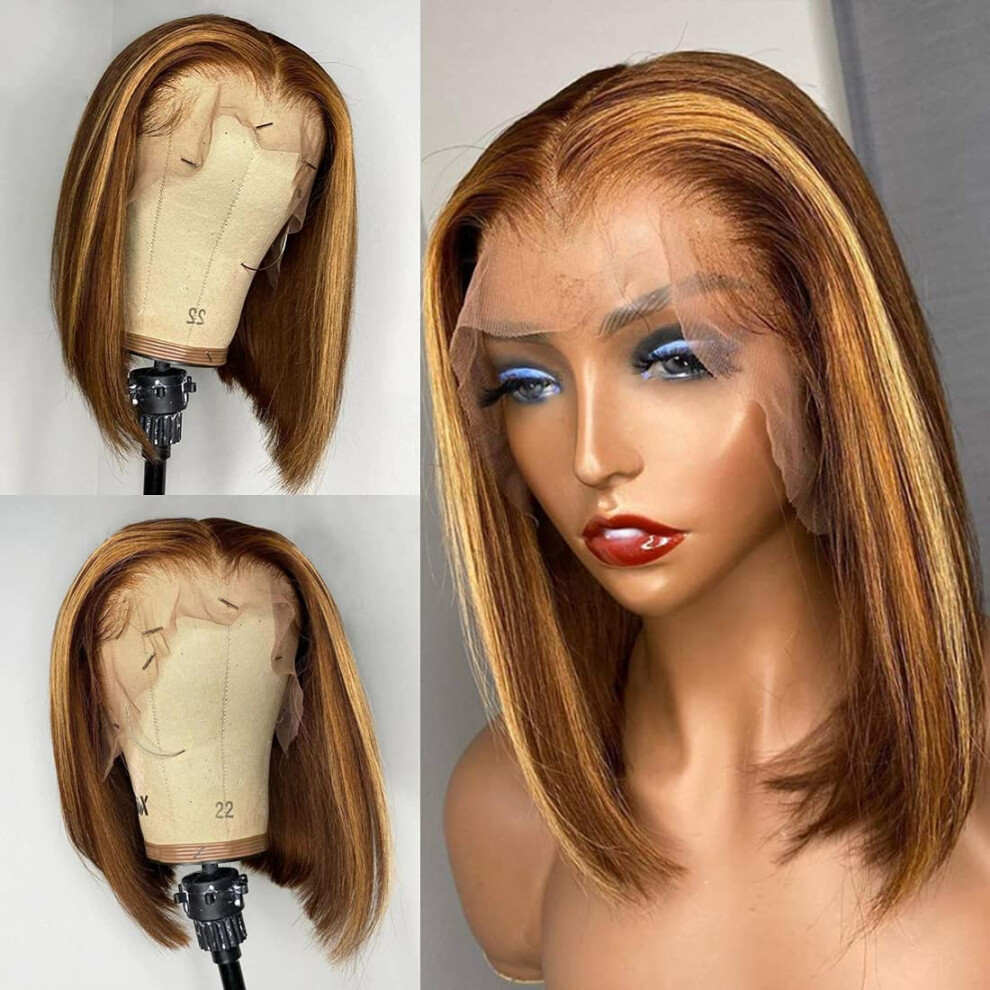 Unisex Human Hair Bob Wig 4/27 Ombre Highlight Brazilian Straight 13X6x1 T Part Lace Front Pre Plucked Natural Hairline 12 Inch