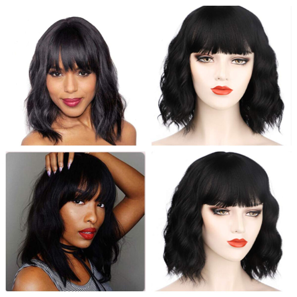 Unisex Black Bob Wavy Wig With Bangs Natural Look Heat Resistant Synthetic Adjustable Fit