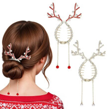 2 stuks kerstrendier haarclips, glinsterende rendier-banaanclips met strass-steentjes en parels, kersthaarclips