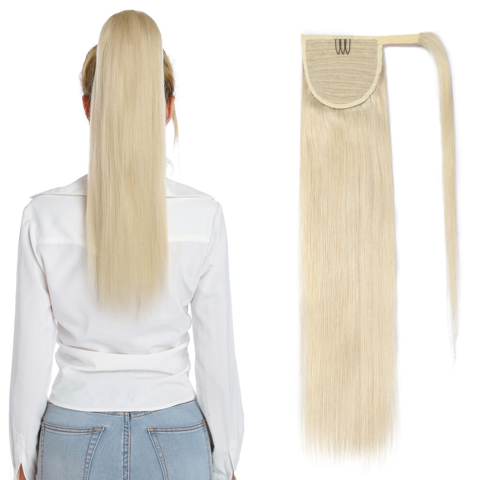 Unisex Silver Platinum Blonde Human Hair Ponytail Extension With Secure Jaw Claw Clip, 16Inch 80G, Natural Texture