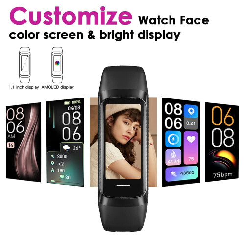 Fitness TrackerΈγχρωμη οθόνη AMOLED 1,10", αδιάβροχος μετρητής βημάτων και θερμιδόμετρο, 2