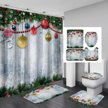 4 kpl Merry Christmas -suihkuverhosetti liukumattomilla matoilla, kylpymatolla, wc-suojuksella ja 12 koukulla, joulukuusipallo, lumihiutalekuvio,
