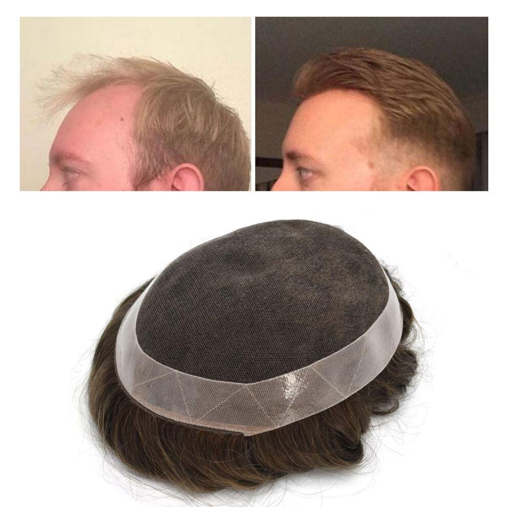 Unisex Dark Mens Toupee Human Hair Wig French Lace With Poly Perimeter 6X8 Ash Blonde Hairpiece
