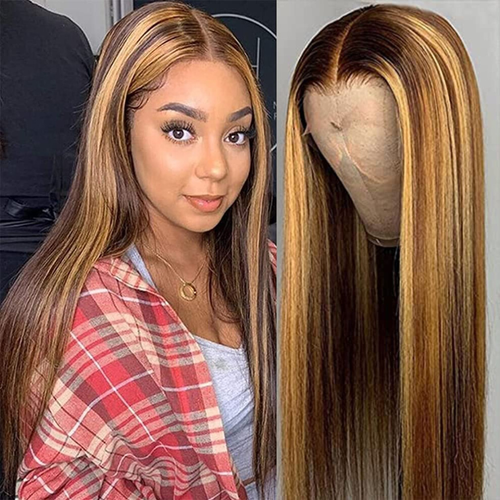 Unisex 13X1 T Part Lace Front Human Hair Wig 18 Inch Straight Highlight Honey Blonde Pre Plucked Brazilian Virgin Hair 150% Density