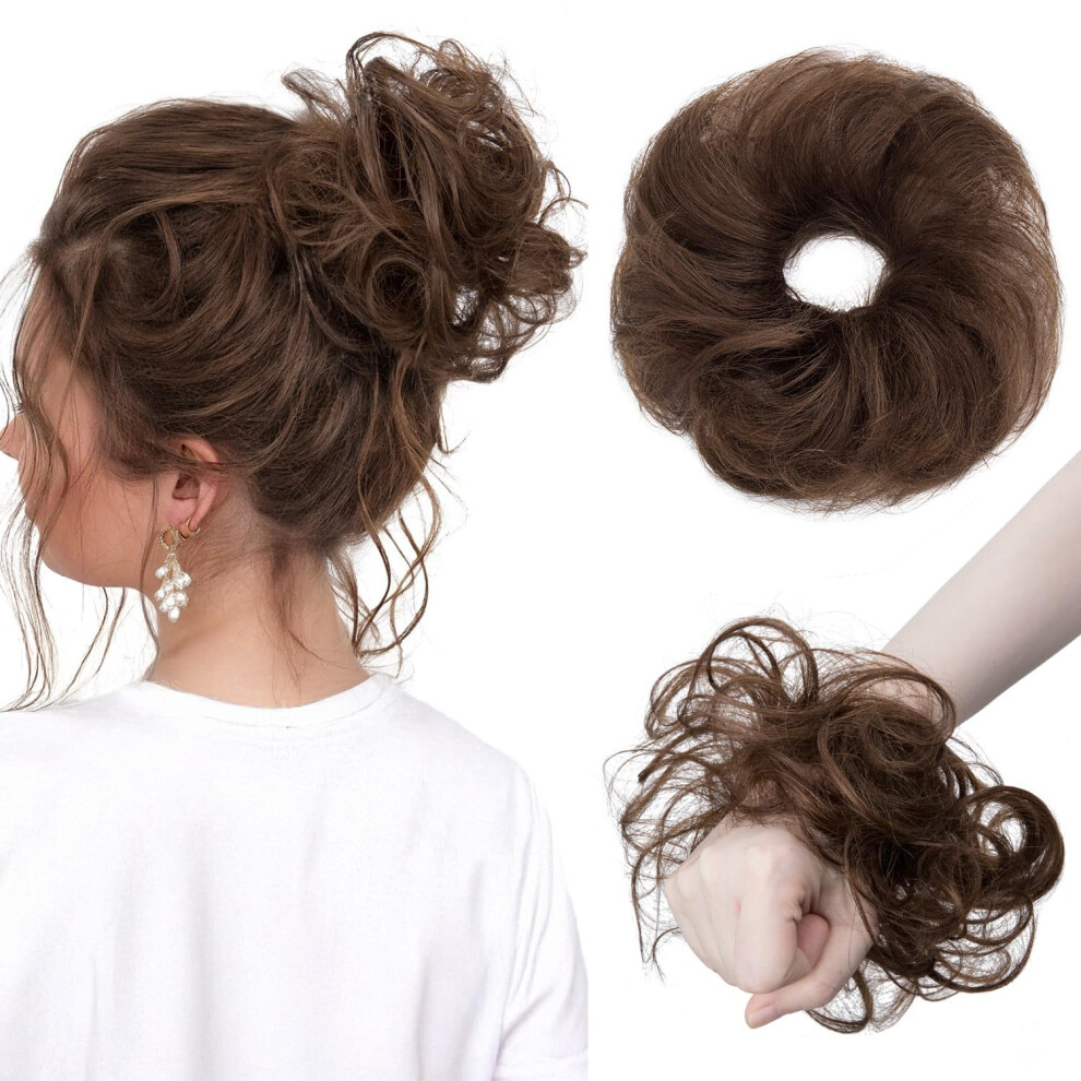 Human Hair Messy Bun Extension, Wavy Curly Real Hair Updo for Women, #04 Medium Chocolate Brown