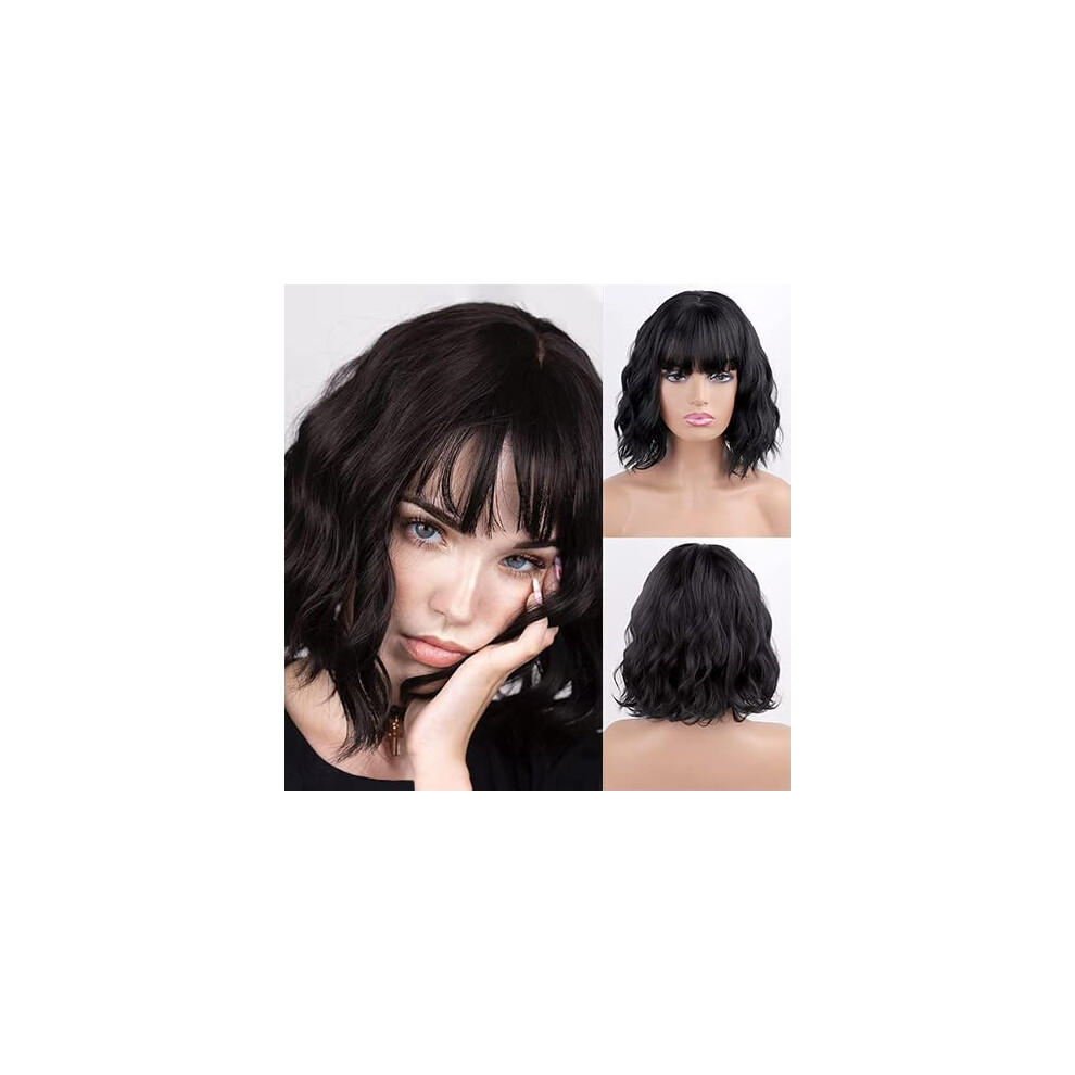 Unisex Black Short Bob Wig With Bangs, HeatâResistant Wavy Style For Women, LowâMaintenance Daily Wear