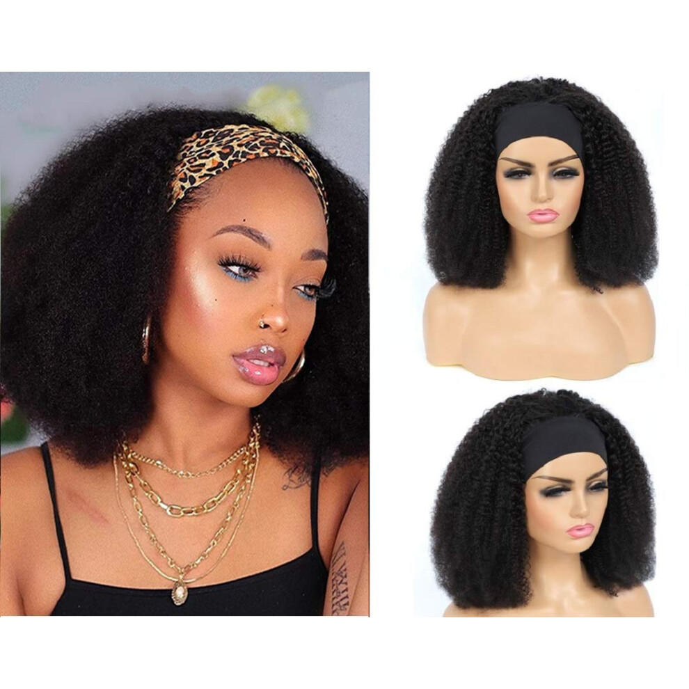 Unisex Afro Kinky Curly Human Hair Headband Wig 16 Inch Brazilian Virgin Glue Natural Hairline