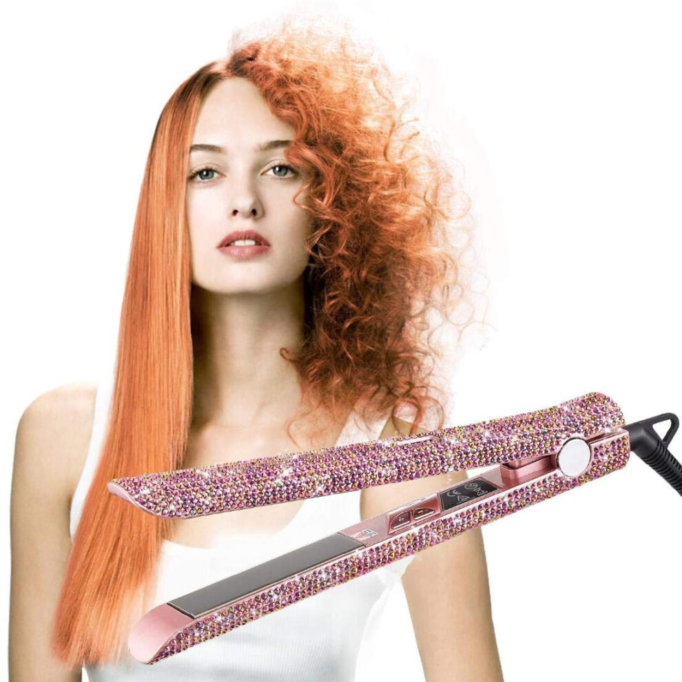 Pink Professional Titanium Hair Straightener With Lcd Display And Crystal Rhinestone Finish